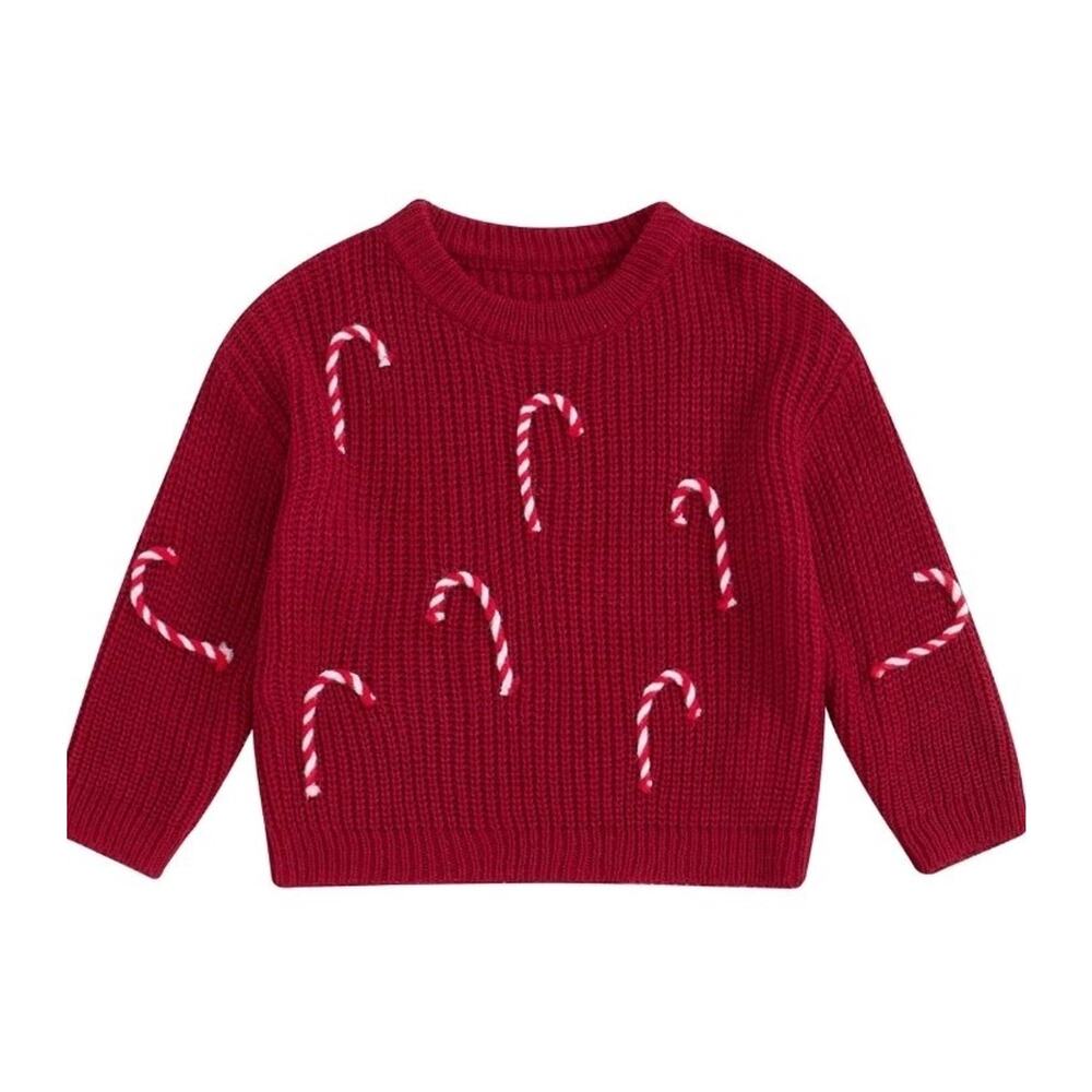 Baby Girl Christmas Knit Sweater Sz 18-24 Months Candy Cane Embroidery Crewneck